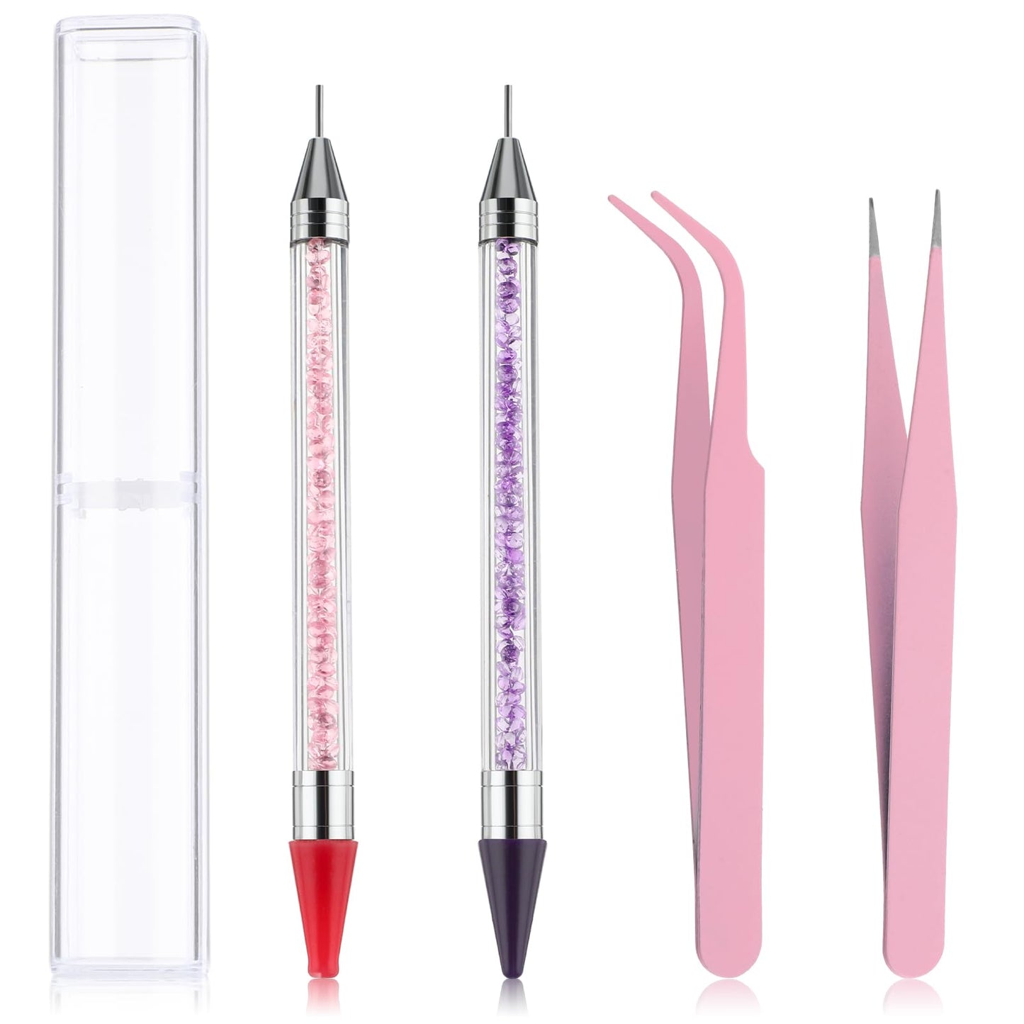 Amabro Rhinestone Picker Set, Dual-end Rhinestone Painting Dotting Pens Wax Pencil Rhinestone Pickup Tool for Nail Gems Stones Crystals DIY Nail Art Crafts 2Pcs Dotting Pen 2Pcs Nail Art Tweezer
