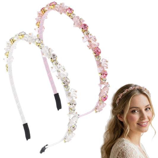 LXUEJIE 2 Pcs Pink and White Rhinestones Headbands, Crystal Headband, Rhinestone Bridal Sparkling Headband for Women and Girls, Baroque Thin Hair Hoops Bejeweled Headbands for Hair