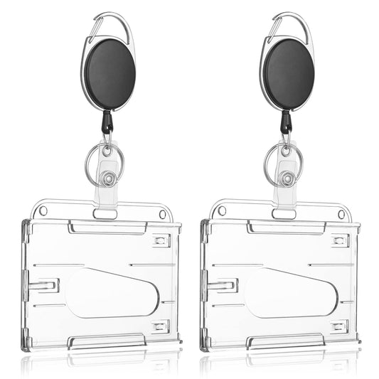 Cobee 2 Pack Hard Plastic Badge Holders with Heavy Duty Badge Reels, Clear ID Card Holder Retractable Badge Reel Clip Thumb Slot Credit Card Protector for Nurse Doctor Teacher Office (Horizontal)