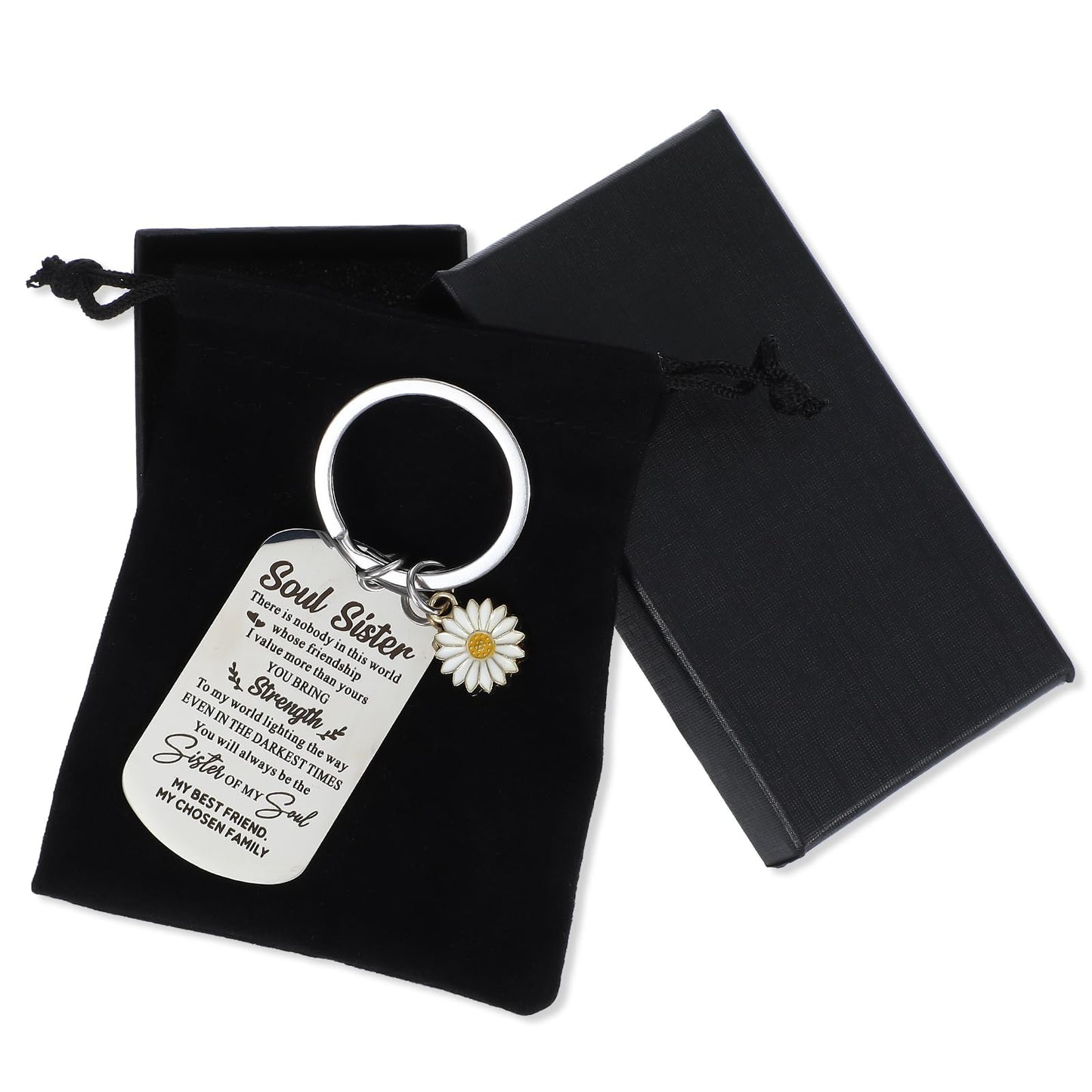 Yuanchu Inspirational Gifts Sister Keyring, 1 with Gift Box, Flannel Bag, Boyfriend, Birthday Gift, Stainless Steel Women Daisy Pendant, BFF Guardian Angel Car Charm, silver, 7.9 x 2.8cm / 3.1 x 1.1in