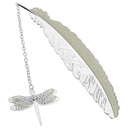 Jeffdad Feather Metal Bookmark with 3D Dragonfly Pendant, Glow in The Dark Butterfly Bookmark, Fantasy Bookmark Gifts for Women Girls, Cool Bookmarks for Book Reading Lovers(Silver Dragonfly)
