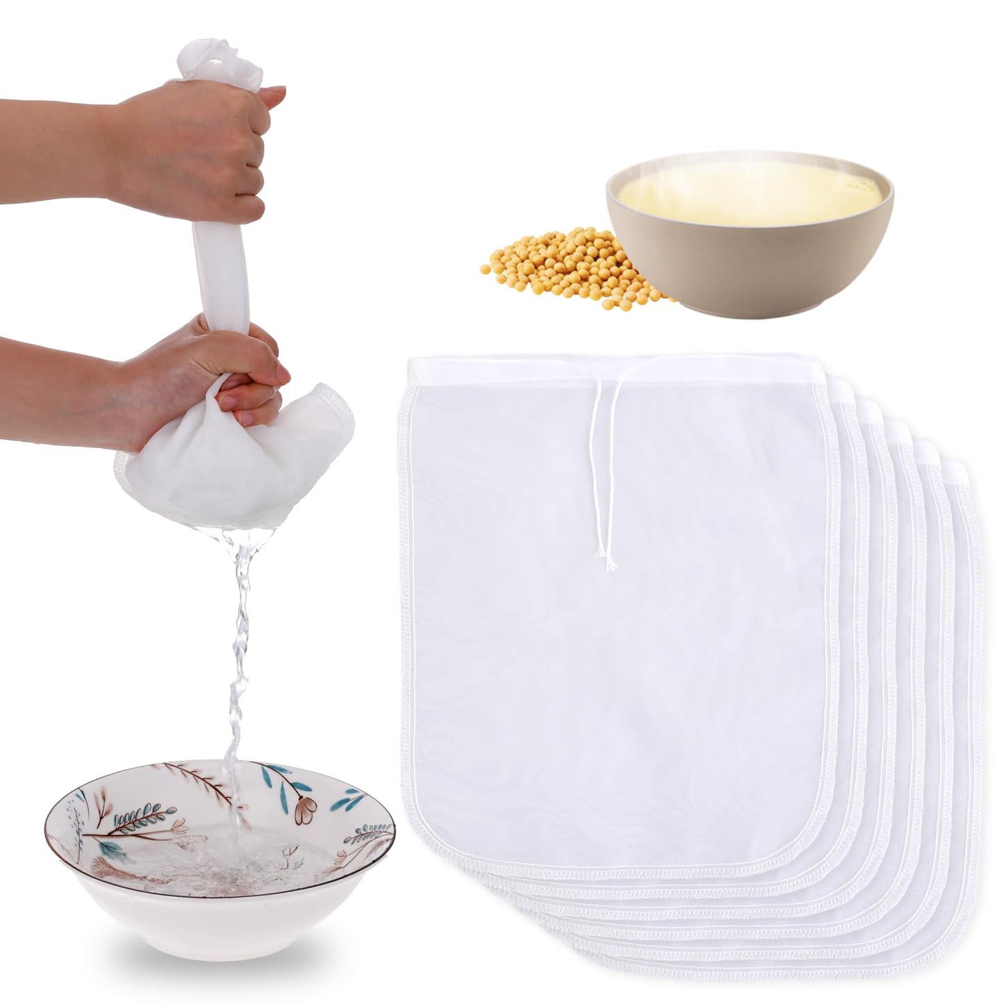 Giantree 6 Pcs Nut Milk Bag for Straining, 12" x 10" Reusable Nylon Cheese Cloth for Straining Juice Coffee Yogurt Tea Milk Almond Soy Fine Mesh Filter Cheesecloth Bags