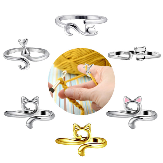 AOZUO Pack of 6 Crochet Ring, Crochet Ring, Crochet Ring, Finger Adjustable Cats for Finger Knitting, Crochet Tension Ring, Metal Loops, Accessories for Lovers, Braided Knitting, Crochet Crafts