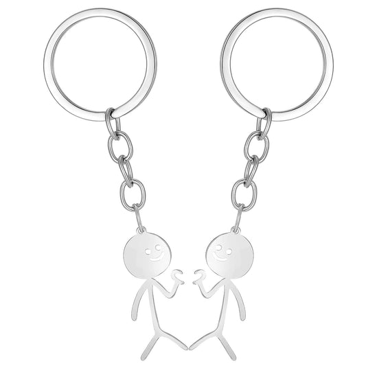 AOZUO Set of 2 Partner Keyrings, Couple, Heart Finger Gift Keychain, Friendship, Funny Stainless Steel, Stickman, Long Distance Friendship, Jewellery for Partners, Men, Women, silver, 4.3 * 1.2in