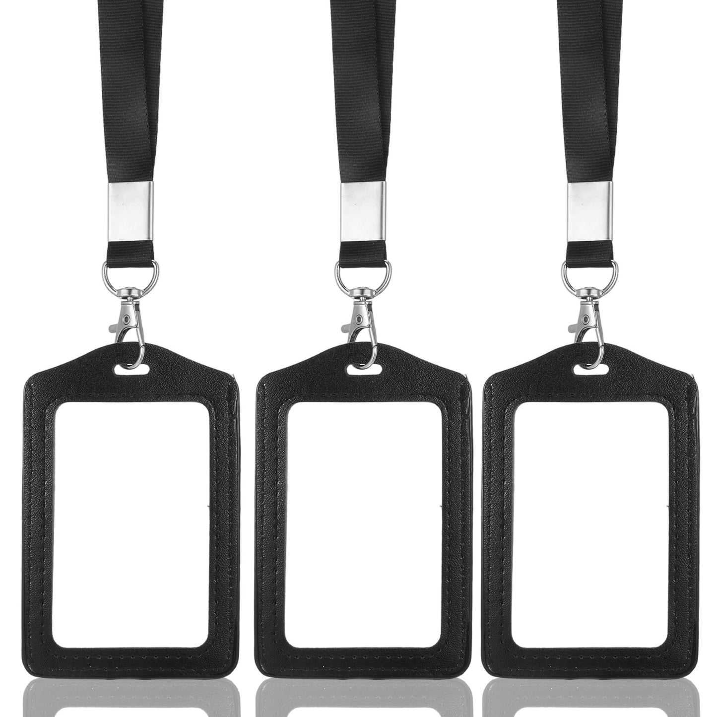 TIESOME 3 Pcs Double Sided ID Card Holder, Vertical Clear Badge Holders with Faux Leather, 3 Nylon Lanyards, Fits ID Cards, Oyster Card Or Bus Pass for Office, Events & Travel, Black