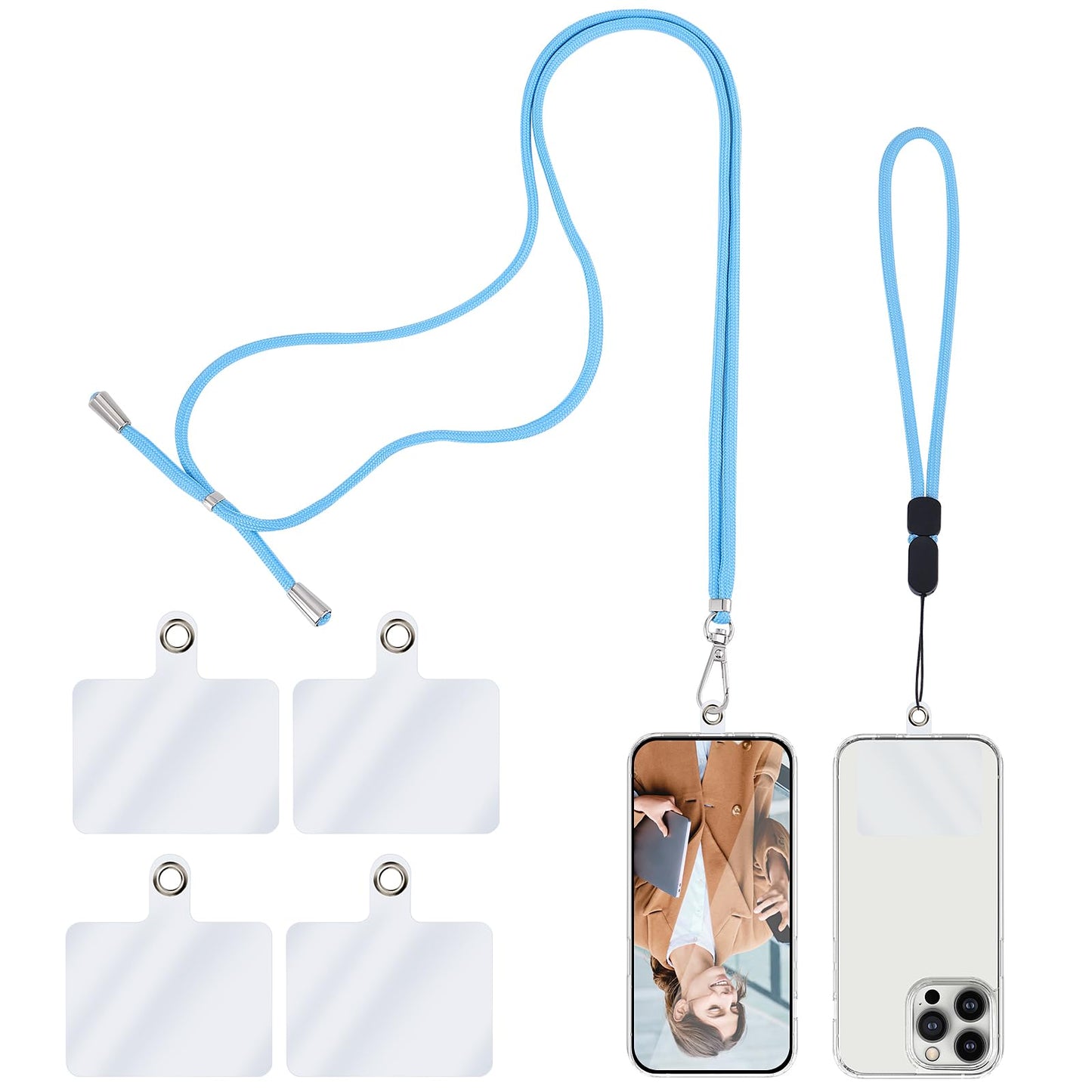 simarro Universal Cell Phone Lanyard, 2 Phone Chains with 4 Transparent Replacement Mobile Phone Straps Adjustable Nylon Neck Strap for All Smartphone Compatible with Most Phone Cases (Blue)