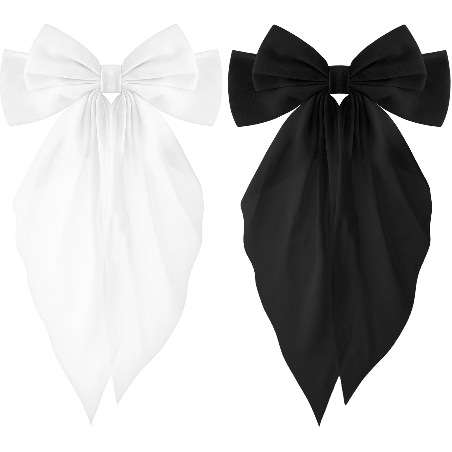 TIESOME Chiffon Hair Bow For Women, 2PCS Big Hair Bow Clips Ribbon Hair Bows Large Hair Bowknot Clips French Hair Clips Barrettes French Style Ribbon Bows For Thick Long Hair Wedding(Black+White)