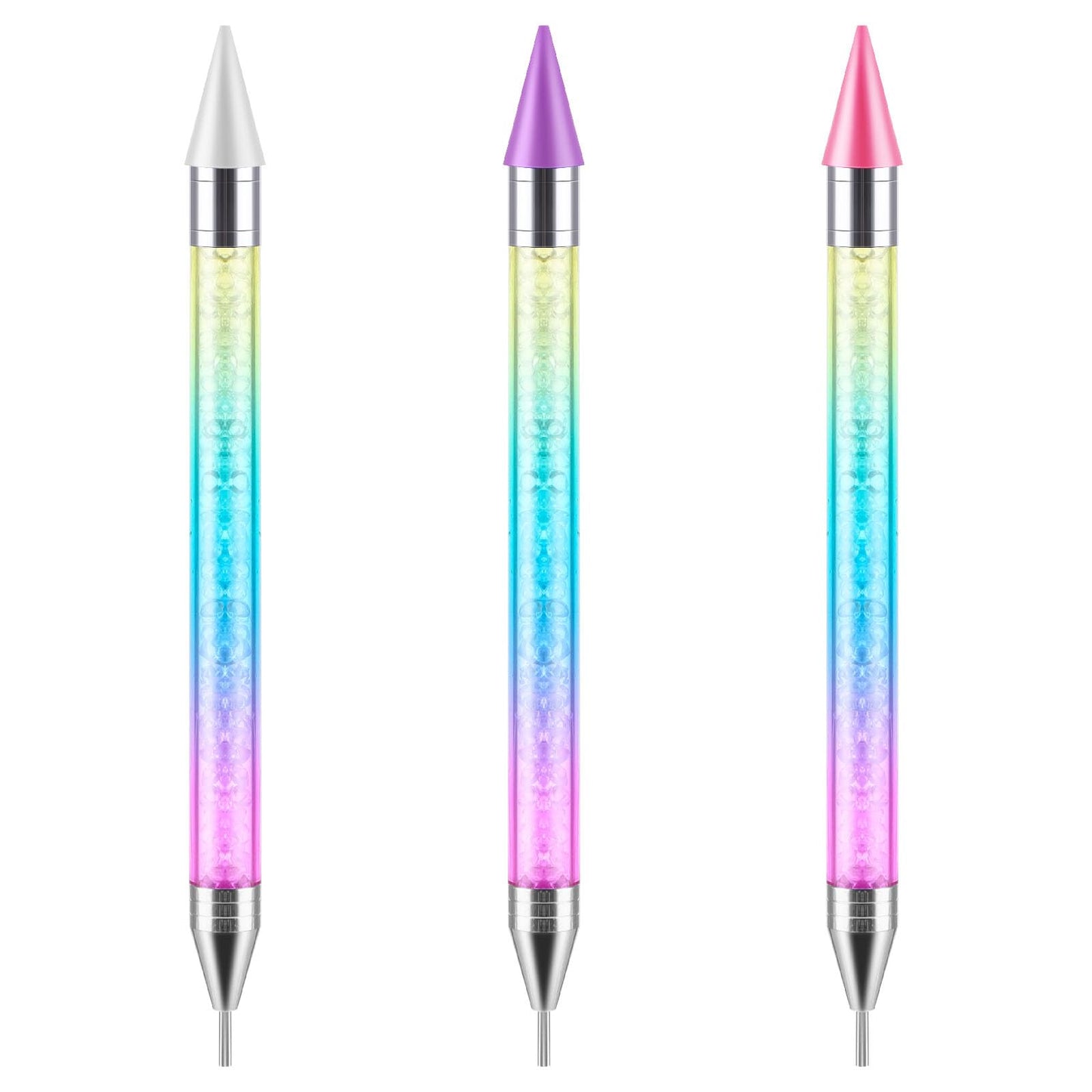 Bewudy 3 Pcs Nail Rhinestone Picker Dotting Pen, Dual-Ended Wax Pencil Nail Rhinestone Picker Dotting Pen Tool Jewelry Dotting Pen Nail Art Tools Nail Art DIY Decoration Tool(White Pink Purple)