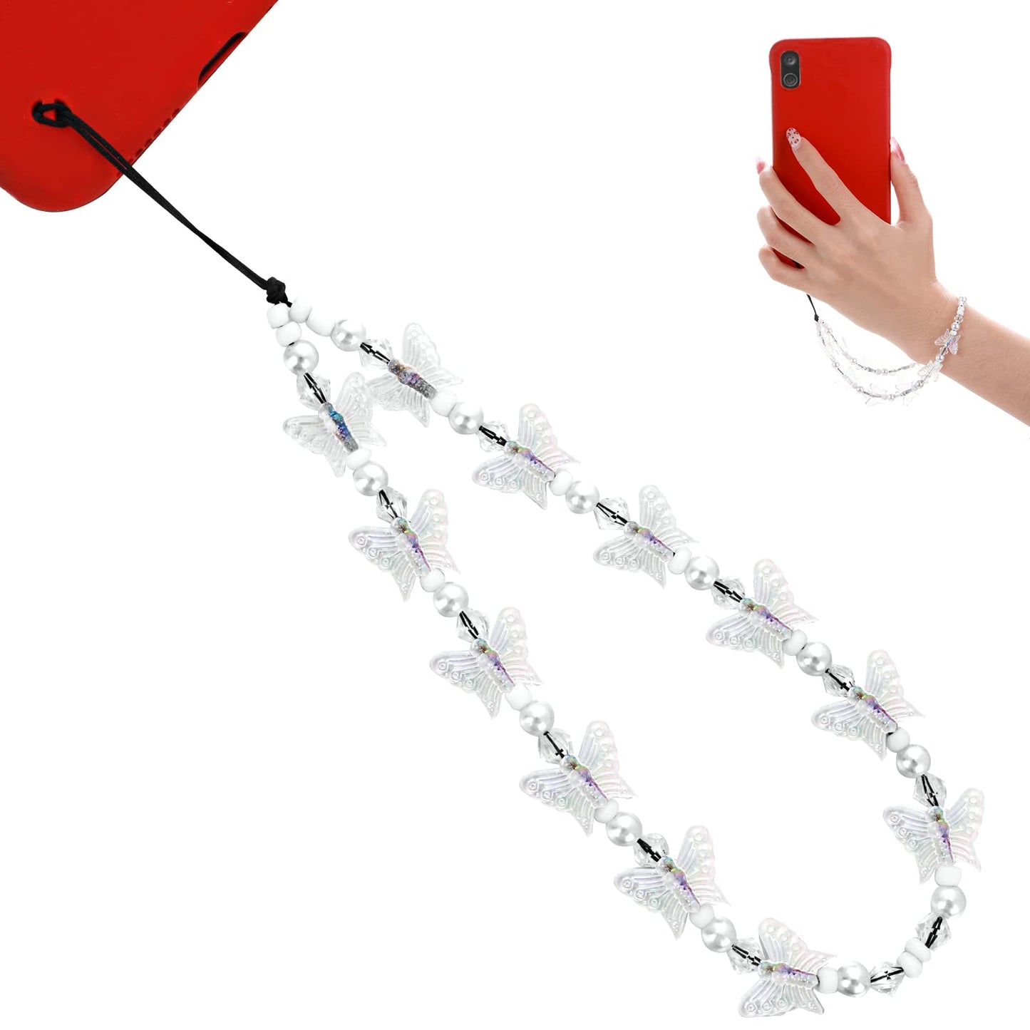 TIESOME Beaded Phone Charm Wrist Strap, Beaded Phone Lanyard Wrist Strap Handmade Phone Chain Phone Strap Phone Keychain ID Card Holder Wristlet String for Women Phone Bracelet Lanyard (White)