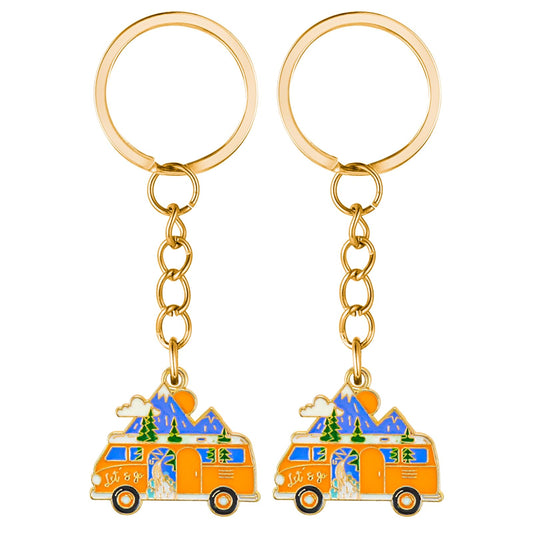 Amaxiu Camper Keychain, 2PCS RV Camper Keyring Happy RV Keyring Camping Jewelry Keychain Gift Couples Keychain Traveler Vacation Keyring Camper Accessories for Travel Trailers Retro Camping(Style B)