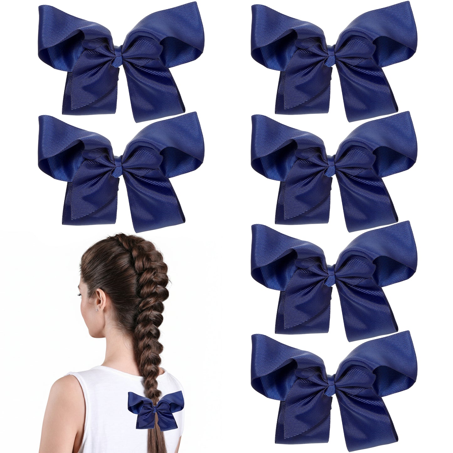 DOPENSPI 6 Pcs Navy Blue Hair Bow Clips, 15 cm Silky Ribbon Bowknot Barrettes Bows Ribbons Hair Grips Alloy Duckbill Clip Hair Accessories for Women Ponytail Holders Party