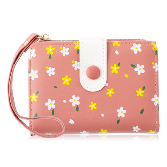 Amaxiu Women Cute Flowers Print Small Bifold Wallet, PU Leather Card Holder Cash Bag Credit Card Organizer Purse with ID Window for Women, Girls, Ladies(Pink)