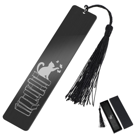 AOZUO Cute Cats Bookmark, Funny Bookmark for Women, Metal Bookmark with Scale, Romantic Book Marker, Tassel Pendant, Gift Box for Students, Teachers, School, Home (Black)
