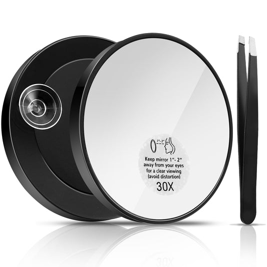 Andibro 30X Magnifying Mirror, 3.5 inches Magnifying Mirror with Suction Cup and 1 Tweezers Magnification Handheld Mirror Travel Magnifying Mirror Stick on Shower Mirror for Precise Makeup Application