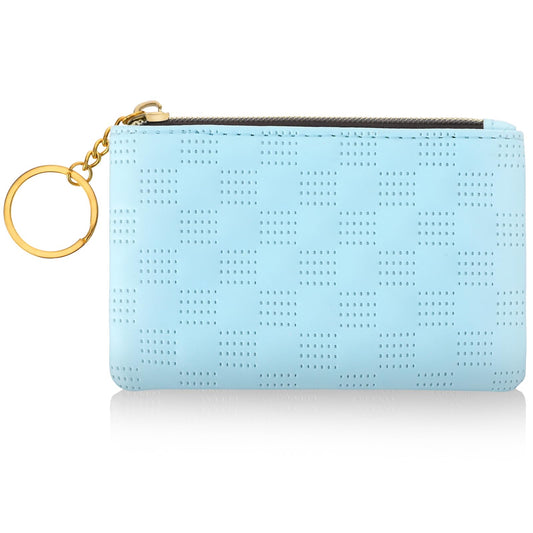 simarro Women Coin Purse, PU Leather Solid Color Zipper Coin Purse Portable Mini Lady Diamond Embroidery Change Wallet with Keychain Credit Card ID Key Headset Lipstick Storage Bag (Light Blue)