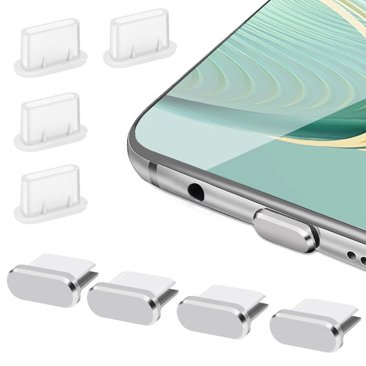 Jeffdad 8 Pack USB C Dust Plug, Anti Dust Plugs 4 Pcs Aluminium and 4 Pcs Silicone Type-C Dust Covers, With Mini Storage Box, Compatible with Most Type-C Phones(White and Silver)