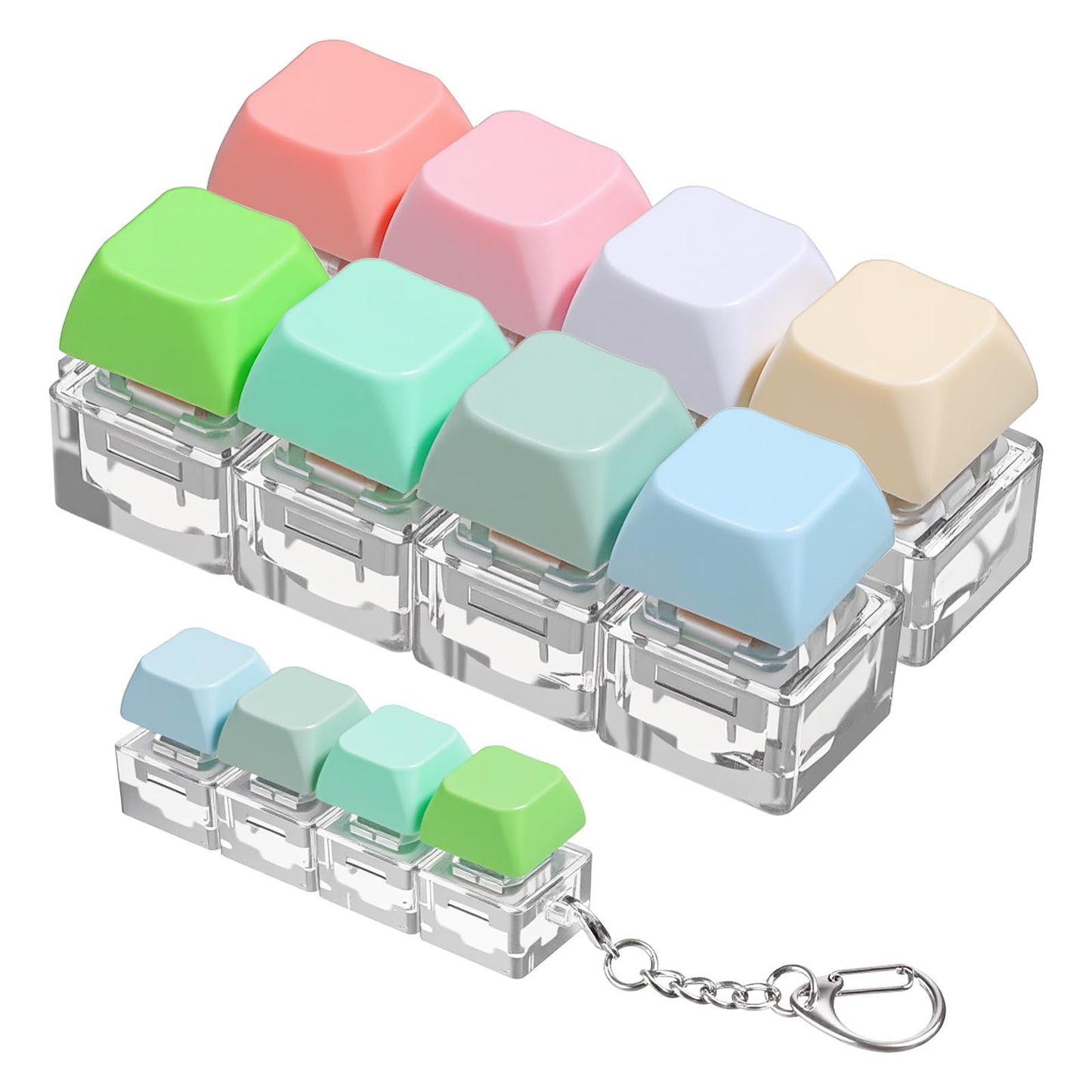 WJIAAA Keyboard Fidget Toy,2 Pcs Button Finger Clicker Keychain 4-in-1 to Relief Stress Anxiety for Adults (Green Pink Yellow White )