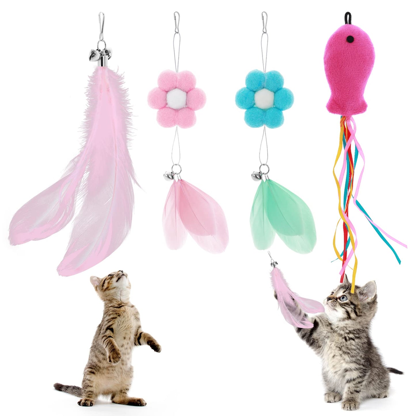 TIESOME 4Pcs Cat Feather Toys, Interactive Cat Toy Jump Exercise Kitten Bounce Replacement Head Funny Cat Stick Flower Feather Fish with Ring Toy Cat Accessories