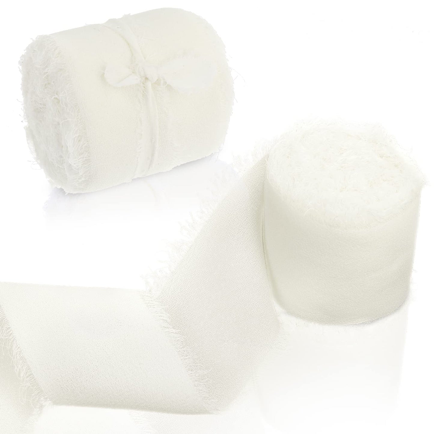 cobee Chiffon Ribbons, 2 Rolls 1.5" x 5.5 Yard Handmade Fringe Chiffon Silk Ribbons Frayed Edges Ribbons Fabric Boho Ribbon for Gift Wrapping Wedding Invitations Flower Arrangement Decoration(White)