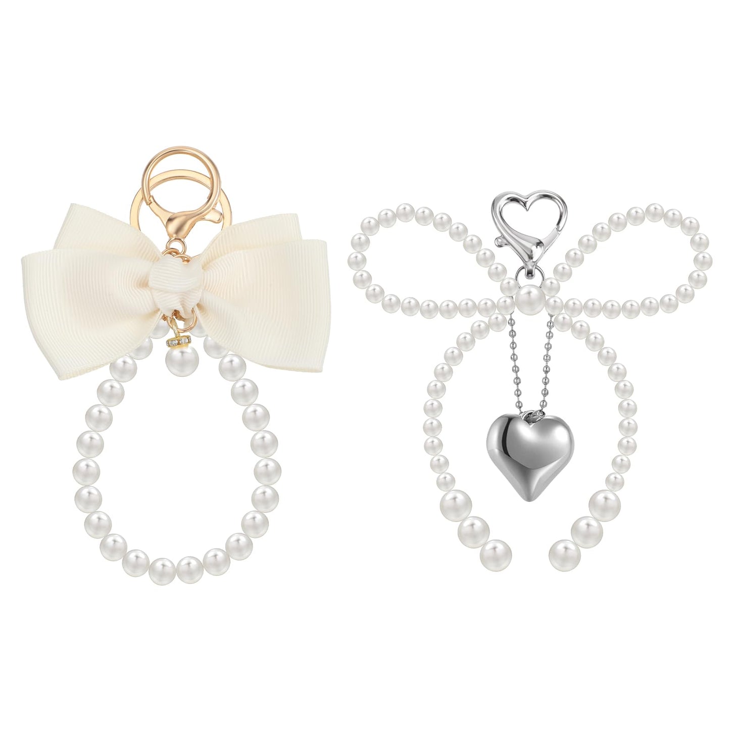 AOZUO 2PCS Bow Keychain, Pearl Bowknot Keyring Cute Heart Keychain Gift Accessories for Women Girl Coin Purse Wallet Wristlet Bag Car Key Pendant Charms, White