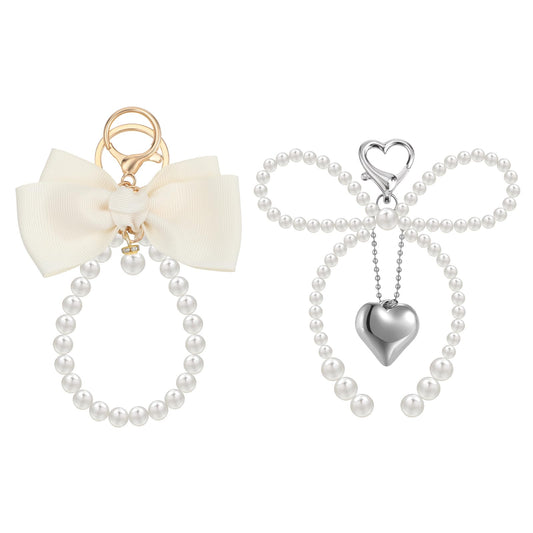 AOZUO 2PCS Bow Keychain, Pearl Bowknot Keyring Cute Heart Keychain Gift Accessories for Women Girl Coin Purse Wallet Wristlet Bag Car Key Pendant Charms, White