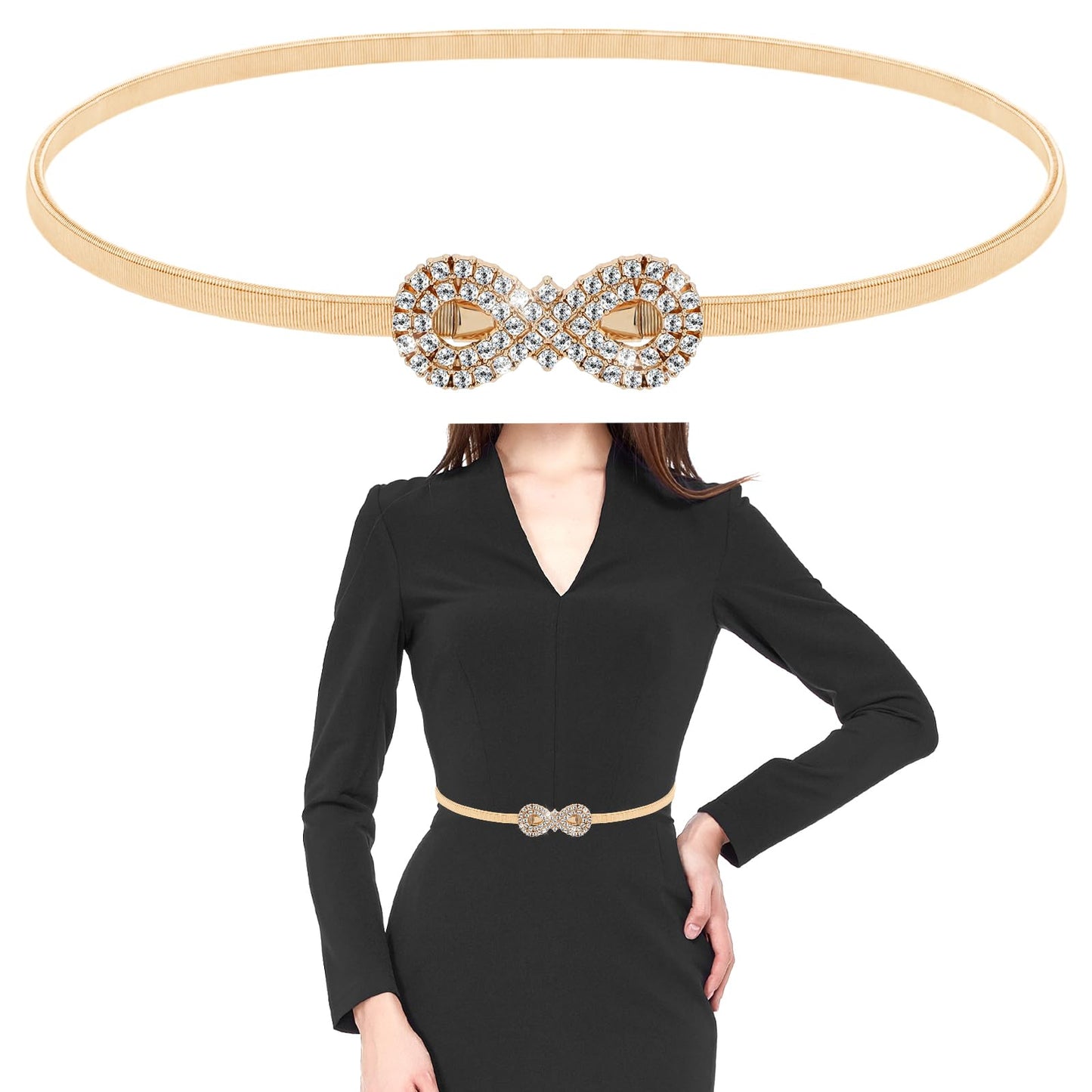 cobee Skinny Metal Elastic Belt, Women Rhinestone Waist Belt Bling Stretchy Diamond Waist Belt for Dress Jeans Pants(Gold)