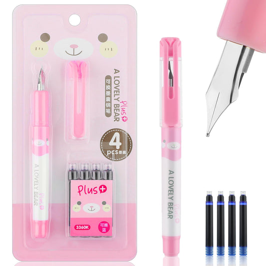 Amabro Fountain Pen with 4 Blue Ink Sac, Cute Cartoon Fountain Pen with Ink Converter Ink Bladder Fountain Pen Smooth Writing Pen for Student Stationery Office Supplies(Pink)