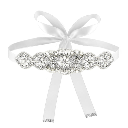 Amaxiu Rhinestone Wide Waist Belt for Women, Bling Wedding Belt(White Ribbon)
