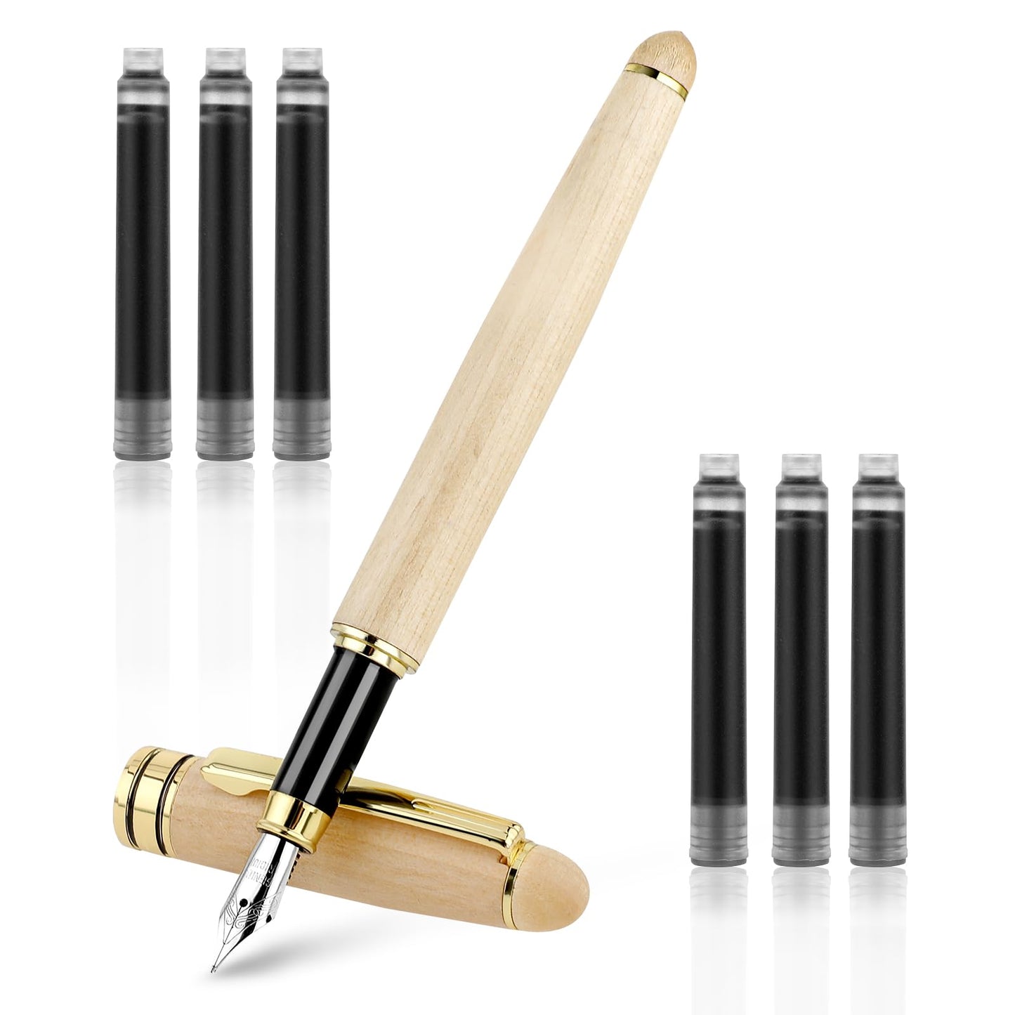 TIESOME Wooden Fountain Pens, 0.5mm Handcrafted Maple Wood Fountain Pen Vintage Luxury Fine Point Pen Business Pen Smooth Writing Pens Includes 6 Ink Cartridges&Ink Refill Converter for Calligraphy