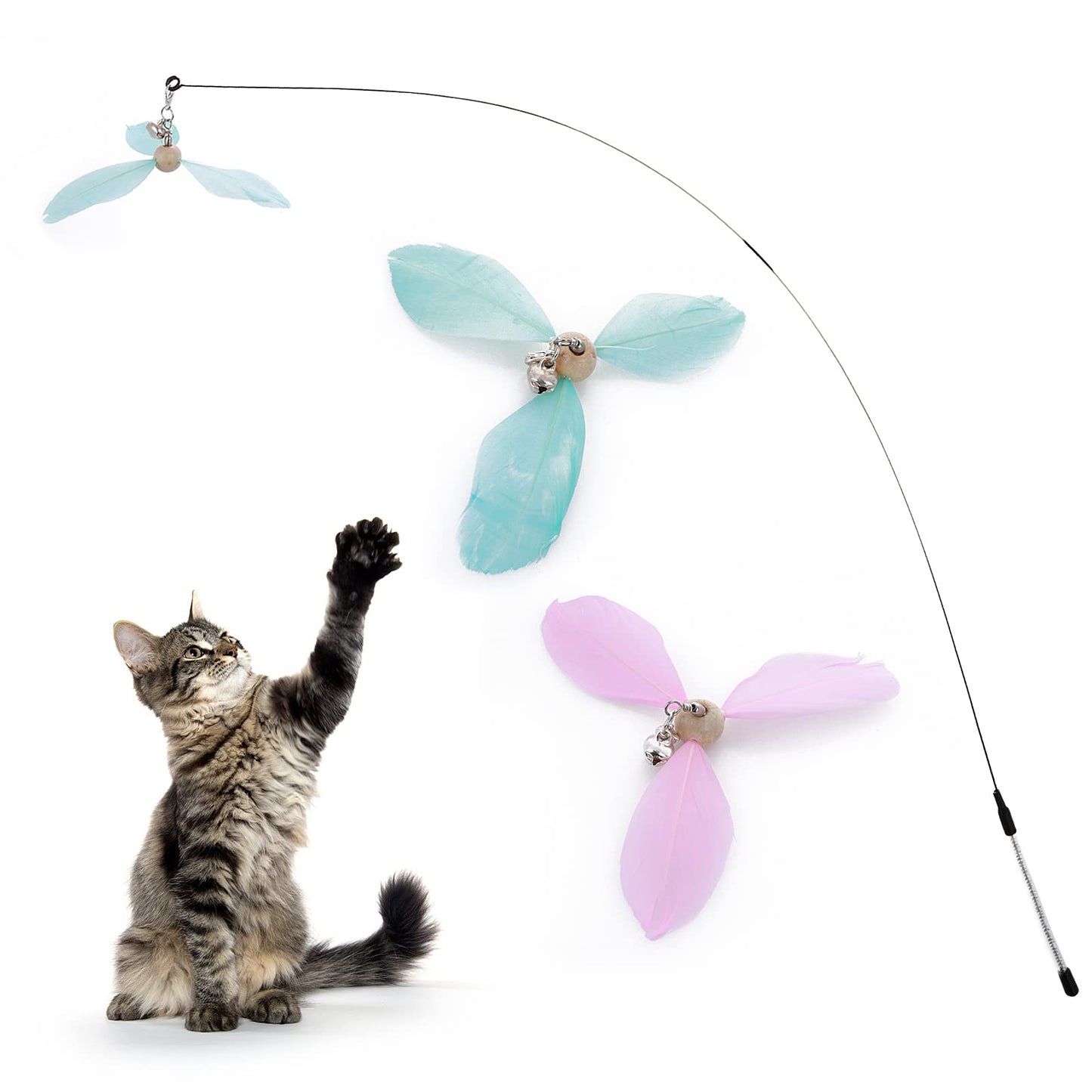 cobee Cat Wand Toys, Interactive Cat Toys with 2 Feather Refills, Cat Feather Propeller Wand Toy with Bell, Cat Feather Toys Replacement Refills, Indoor Cat String Toy for Kitten Training(Blue+Pink)