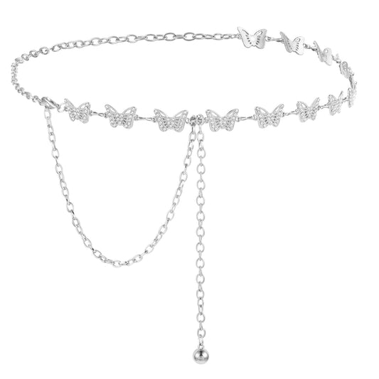 Amaxiu Women Butterfly Waist Chain Belt, Alloy Rhinestones Waist Belts Women Dress Belts Women link Chain Belt for Girl Women(Silver)