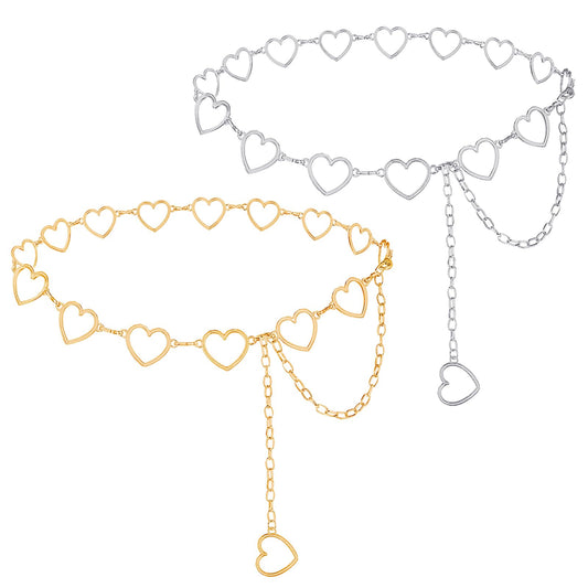 TIESOME 2Pcs Heart-Shape Chain Belts for Women,Adjustable Waist Chain Hollow-Design Body Link Belts Metal Waistband Decorated