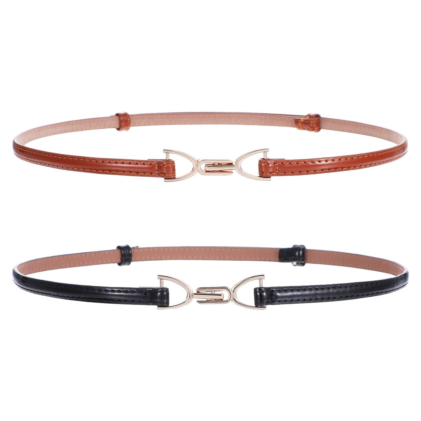 AOZUO 2Pcs Thin Belts for Women, Skinny Women Leather Belt Adjustable Black Belt for Women Dress Jeans with Gold Buckle, Black + Brown, 100cm/39.3in