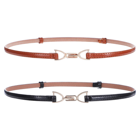 AOZUO 2Pcs Thin Belts for Women, Skinny Women Leather Belt Adjustable Black Belt for Women Dress Jeans with Gold Buckle, Black + Brown, 100cm/39.3in
