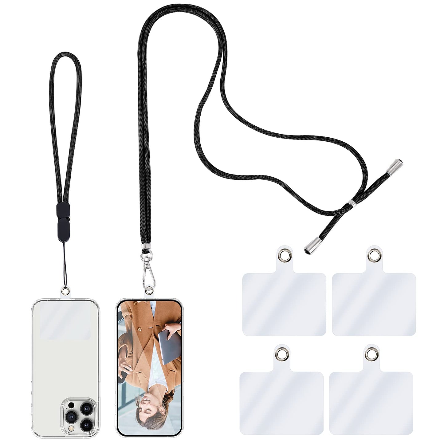 TIESOME Universal Cell Phone Lanyard, Crossbody Lanyard with Adjustable Nylon Neck Strap, 1 Phone Neck Lanyard+1 Wrist Phone Strap+4 Connectors Compatible with Most Phones (Black)