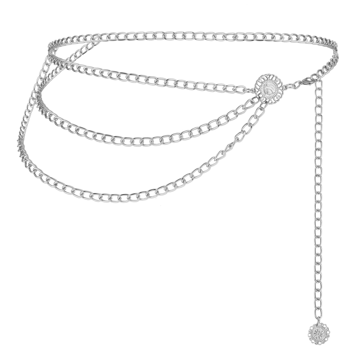 TIESOME Multilayer Metal Waist Chain, Women Dress Belt Silver Chain Belt Cute Belts for Women Adjustable Women Long Belt