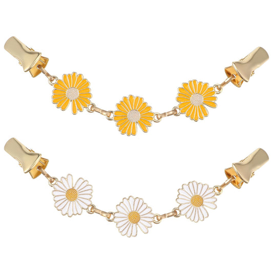 Amabro 2PCS Shawl Clips for Women, Daisy Cloak Brooch Clips Vintage Sweater Shirt Cardigan Clips Clothes Collar Holders Collar Pins Retro Cloak Clasp for Christmas Halloween(White+Yellow)