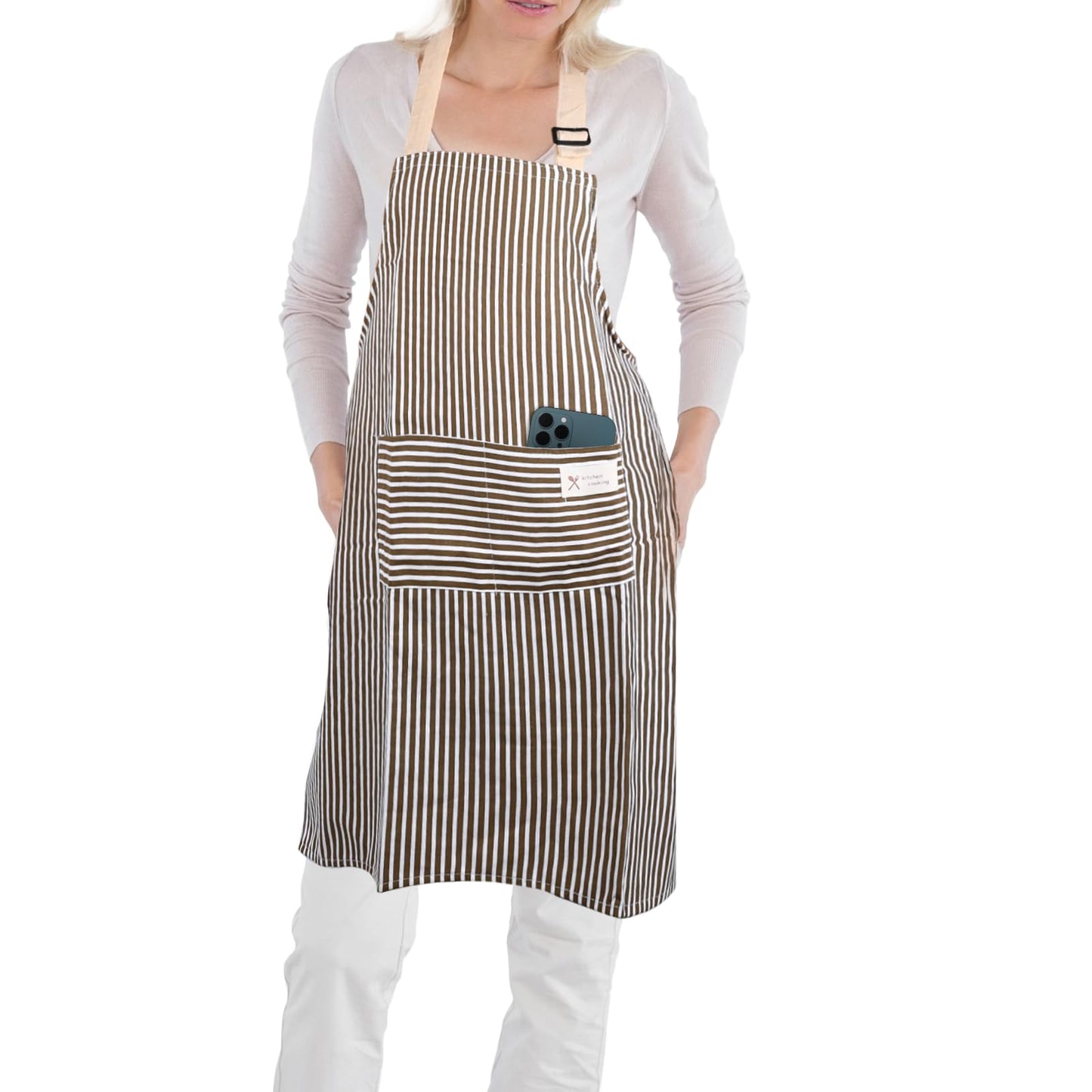 simarro Kitchen Cooking Aprons, Kitchen Aprons for Women with Pockets, Cotton Linen Adjustable Bib Aprons for Women Men Chef Cooking Painting Crafting(Brown)