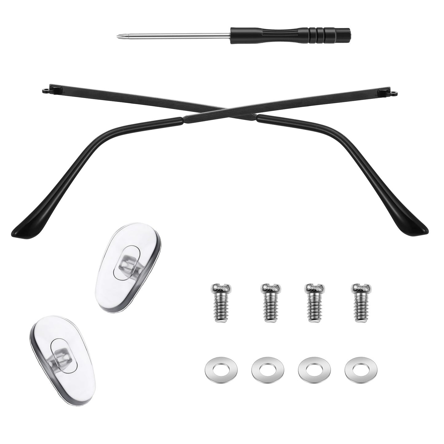 DOPENSPI 1 Pair Metal Glasses Arm Replacement, Black Glasses Repair Kit with Screws Washers Screwdriver Nose Pads Eyeglass Arms Legs Replacement Eye Glass Tightening Kit for Glass Sunglasses