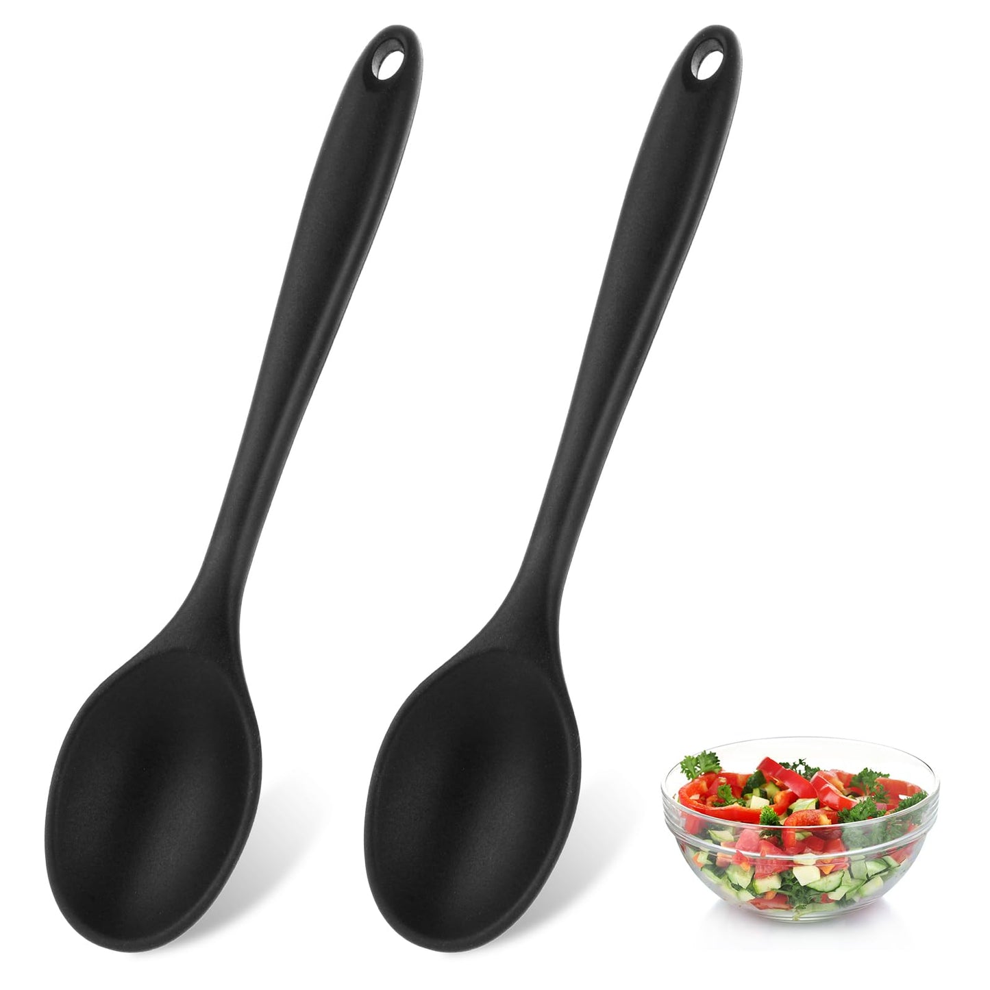 Giantree 2 Pcs Black Nonstick Silicone Spoons, Heat Resistant Kitchen Spoons Small Silicone Spoons Dishwasher Safe for Baking, Frying, Flipping, Mixing, and So on(2 dense spoons)