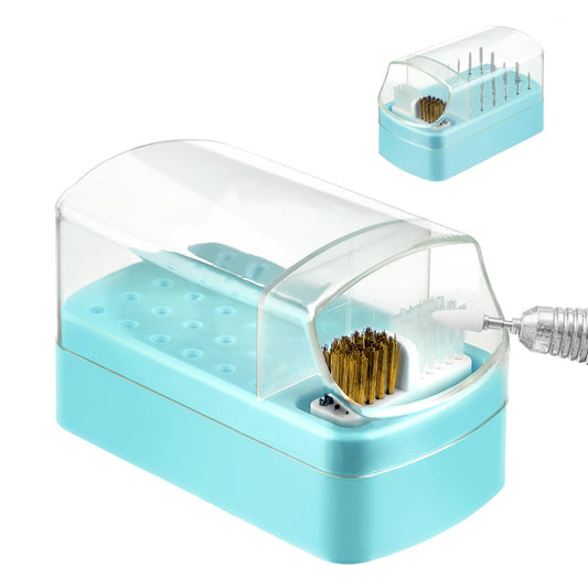 Andibro 2 In 1 Nail Drill Bits Holder,30 Holes Dustproof Nail Bits Organizer Nail Drill Bits Cleaning Brush Case Dustproof Nail Art Drill Bits Stand Display Storage Box Cleaner Manicure Tool (Blue)
