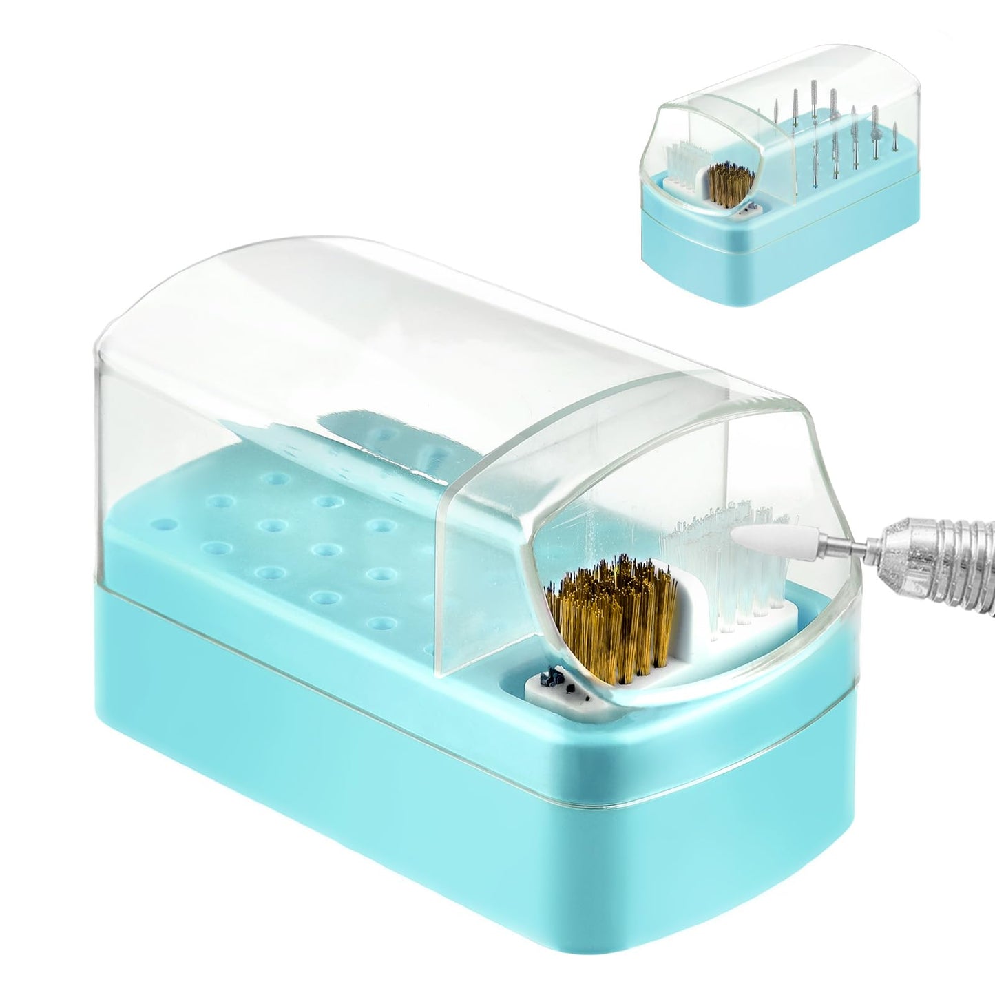 Andibro 2 In 1 Nail Drill Bits Holder,30 Holes Dustproof Nail Bits Organizer Nail Drill Bits Cleaning Brush Case Dustproof Nail Art Drill Bits Stand Display Storage Box Cleaner Manicure Tool (Blue)