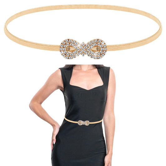 Amabro Gold Belts for Women, Rhinestone Chain Belt Elastic Skinny Belts Waist Belt Fashion Crystal Rope Belt Stretch Belts for Dresses(Gold)