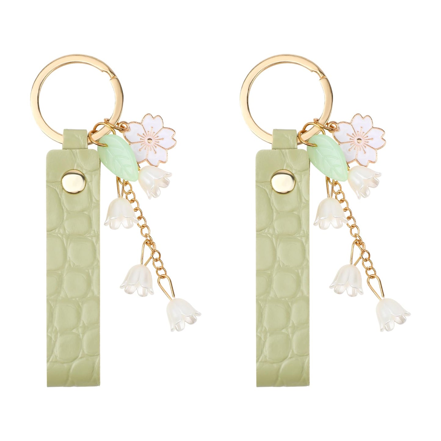 Bewudy 2Pcs Lily of The Valley Flower Key Chain for Women, Leather Bell Orchid Key Rings Keychain for Car Keys Cute Handbag Accessories Key Chain for Women And Girls