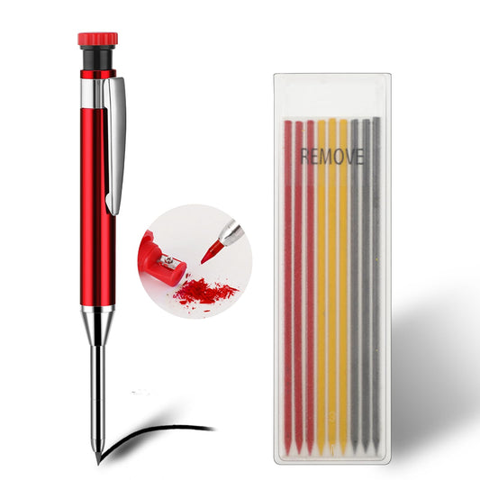 Amabro Mechanical Carpenter Pencils with 9 Refills, Solid Woodworking Pencils with Built-in Sharpener Deep Hole Marking Automatic Pencil Tools Heavy Duty Scriber for Architect Construction(Red)