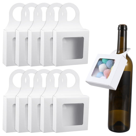 Jeffdad 10PCS Kraft Paper Wine Bottle Box with Window, Hanging Foldable Gift Boxes Wine Boxes Decoration Bottle Hanger Favor Box for Kitchen Dining Engagement Christmas Mother's Day (White)