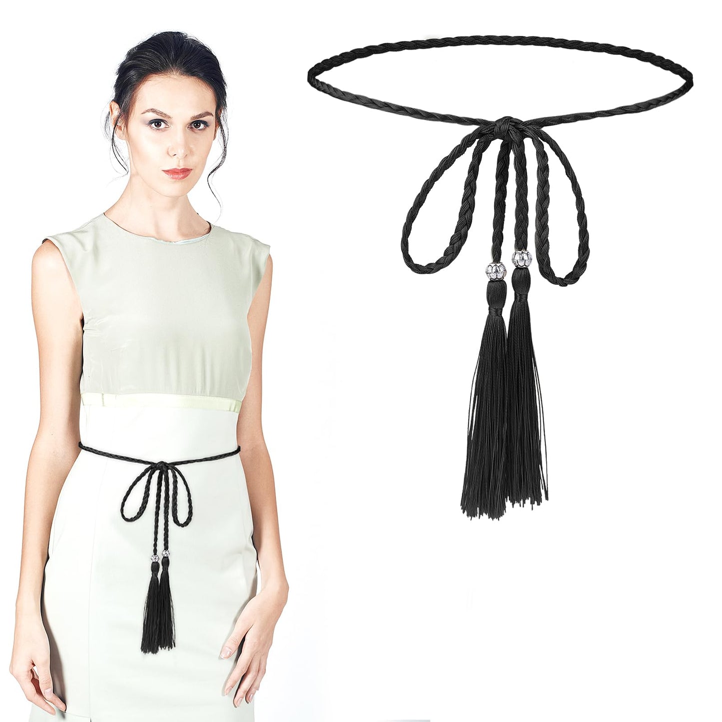 Giantree Tassel Braided Waist Belt for Women, Skinny Tassel Braided Bowknot Waist Rope Belt for Skirt Dress(Black)