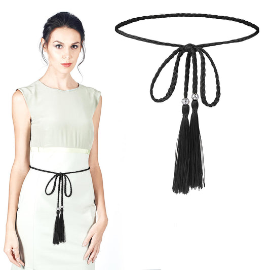 Giantree Tassel Braided Waist Belt for Women, Skinny Tassel Braided Bowknot Waist Rope Belt for Skirt Dress(Black)