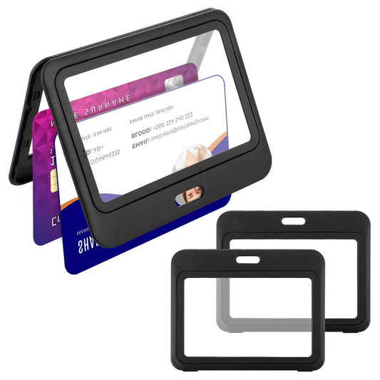 Bewudy 3 Pcs ID Badge Holder with Plastic Clip, Double-Sided Transparent Windows Horizontal ID Card Holder Waterproof for Office School ID Credit Cards Exhibition Cards Passes(Horizontal Style)