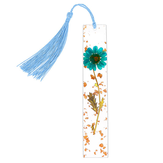 Bewudy Dried Flower Bookmarks with Tassels, Dried Flower Resin Bookmarks Handmade Transparent Floral Dried Flower Page Marker with Colorful Silky Tassel for Women Girls Gift (1pcs Blue)